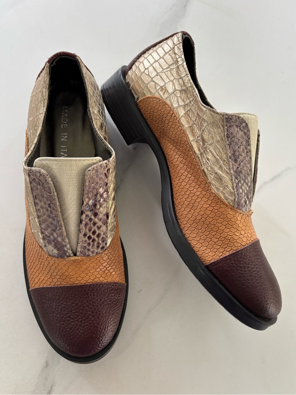 Leather Snakeskin Crocodile Embossed Loafers Shoes Brown Colorblock Euro 35